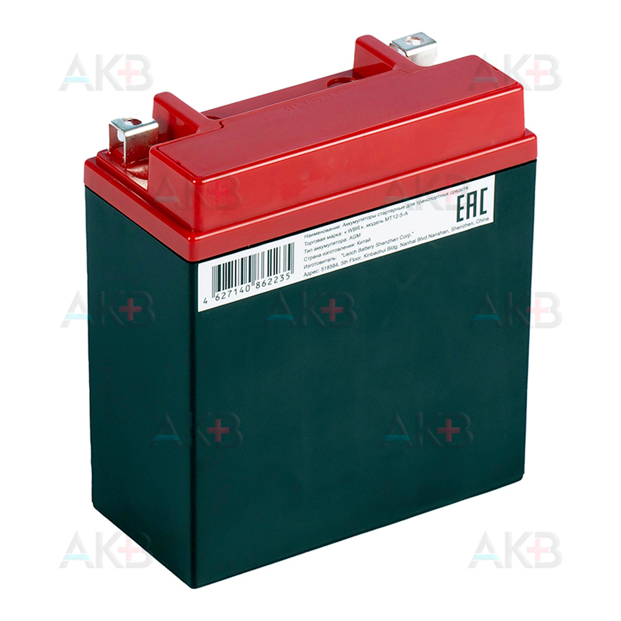 Мото аккумулятор WBR MT12-5-A AGM 5 Ач 70А обратная пол.(120x60x130) YB5L-B