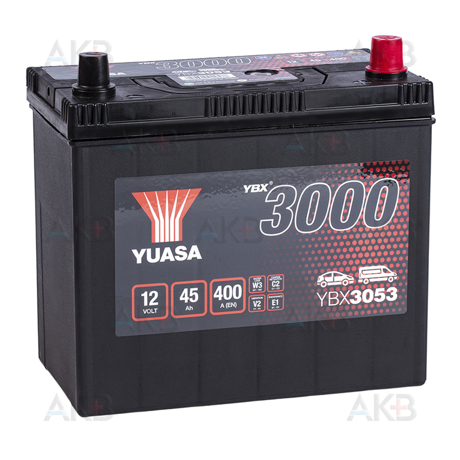 Автомобильный аккумулятор YUASA YBX3053 45 Ач 400А обр. пол. (238x129x227) 55B24L(S)