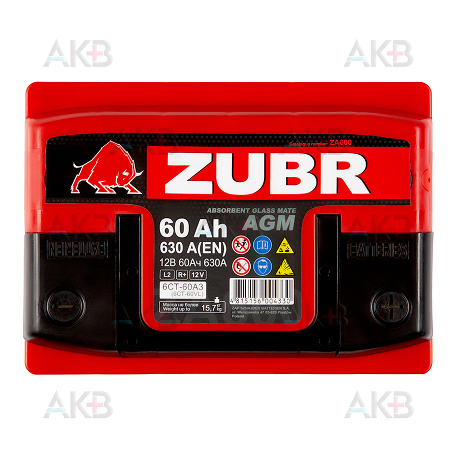 Автомобильный аккумулятор ZUBR AGM 60 Ач 630A (242x175x190) обр. пол.