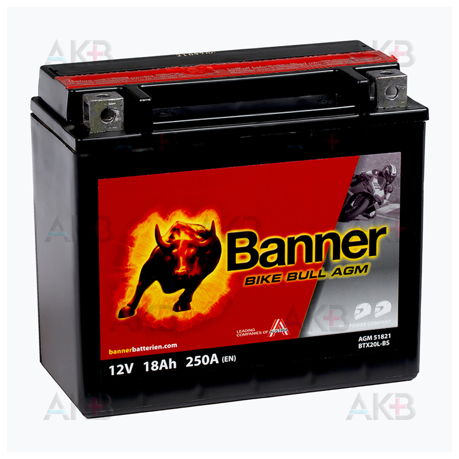 Мото аккумулятор Banner Bike Bull AGM 51821  18 Ач обр. пол. 250А (175x87x155) BTX20L-BS, YTX20L-BS сухозаряж.