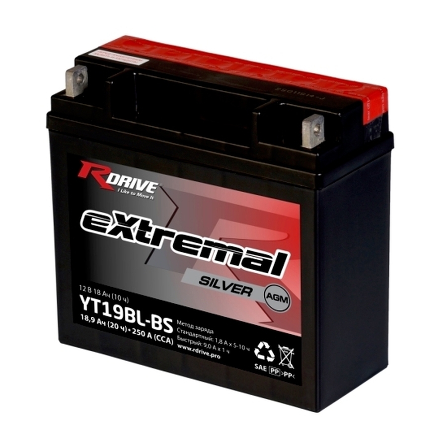 Мото аккумулятор RDrive YT19BL-BS 12V 18.9Ah 275А обр. пол. AGM сухозаряж. (185x80x170) eXtremal SILVER