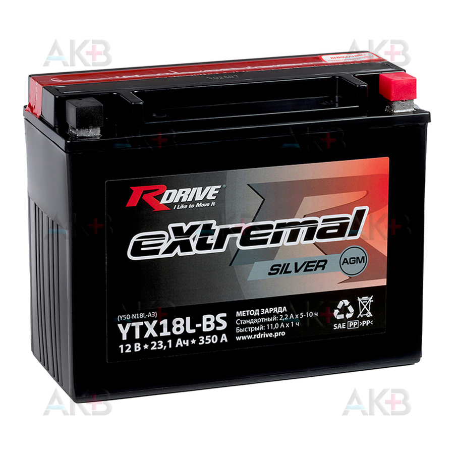 Мото аккумулятор RDrive YTX18L-BS 12V 23,1Ah 350А обр. пол. AGM сухозаряж. (205x87x162) eXtremal SILVER