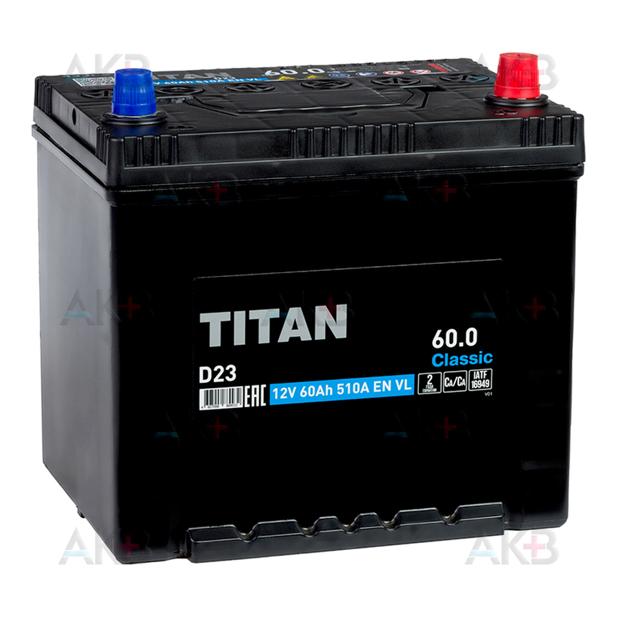 Автомобильный аккумулятор Titan Classic 60 Ач 510A обр. пол. (230x175x223) D23 6CT-60.0 VL