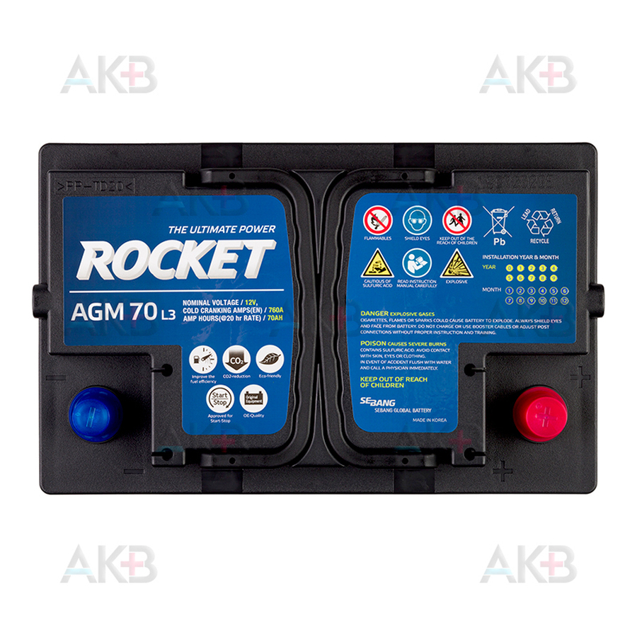 Автомобильный аккумулятор Rocket AGM L3 70Ah 760A обр пол. (278х175х190)