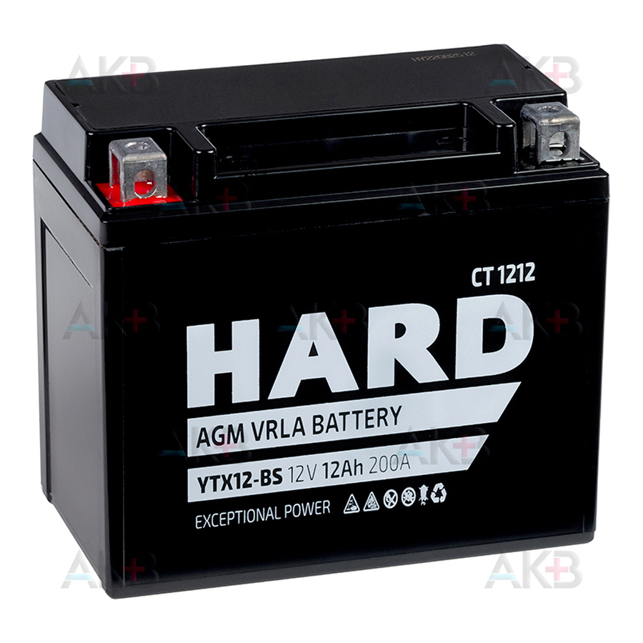 Мото аккумулятор HARD YTX12-BS 12V 12Ah 200А (150x87x130) CT 1212 прям. пол.