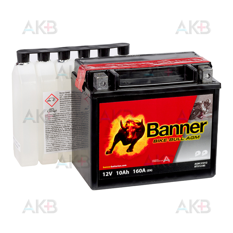 Мото аккумулятор Banner Bike Bull AGM 51012 10 Ач прям. пол. 160А (150x87x130) BTX12-BS, YTX12-BS сухозаряж.