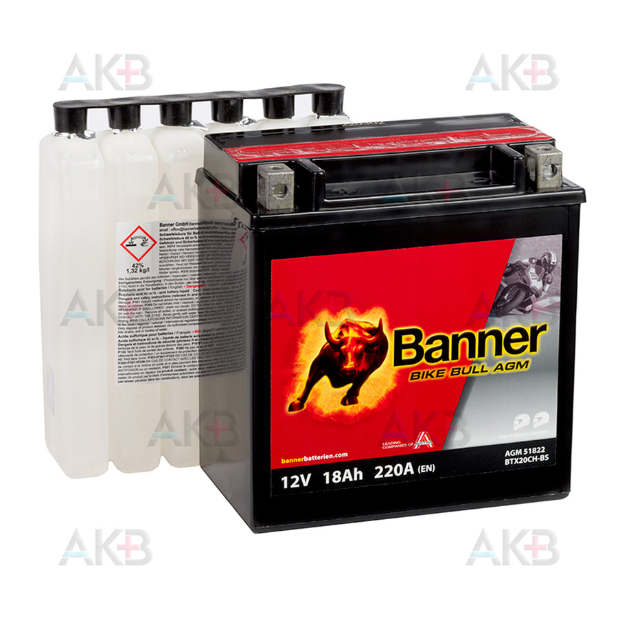 Мото аккумулятор Banner Bike Bull AGM 51822 18 Ач прям. пол. 220А (150x87x161) BTX20CH-BS, YTX20CH-BS сухозаряж.