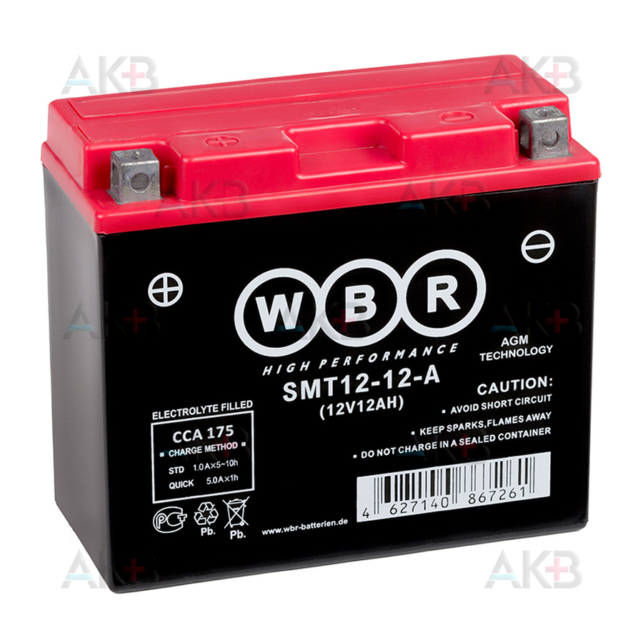 Мото аккумулятор WBR SMT12-12 AGM 12 Ач 180А прямая пол.(150x87x130) YTX14-BS, YTX12-BS