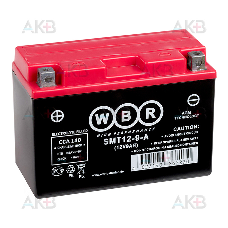 Мото аккумулятор WBR SMT12-9-A AGM 9 Ач 140А прямая пол.(150x70x105) YT9B-BS