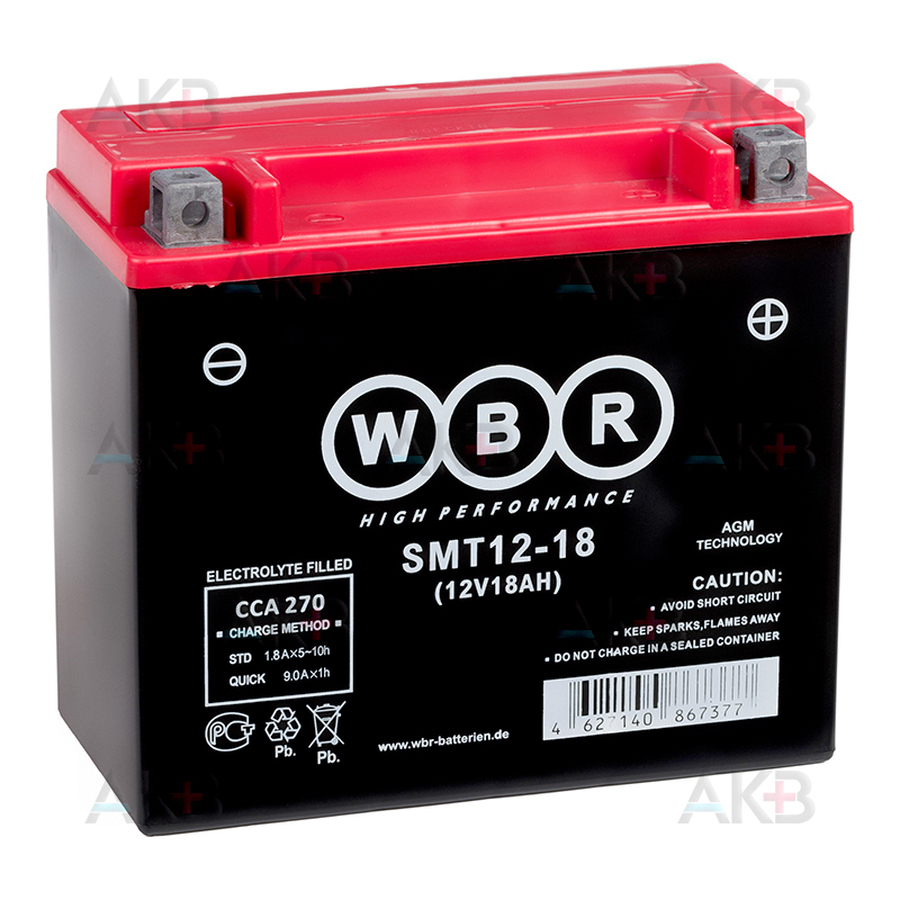 Мото аккумулятор WBR SMT12-18 AGM 18 Ач 270А обратная пол.(175x87x155) YTX20L-BS