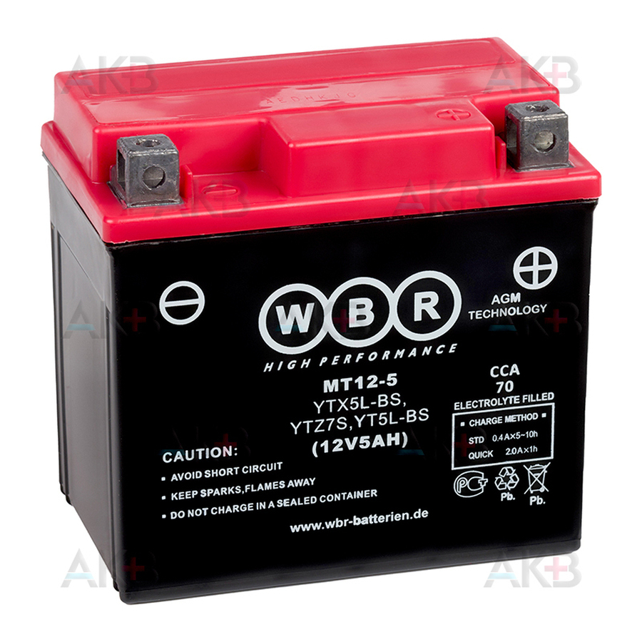 Мото аккумулятор WBR SMT12-5 AGM 5 Ач 70А обратная пол.(113x70x105) YTX5L-BS