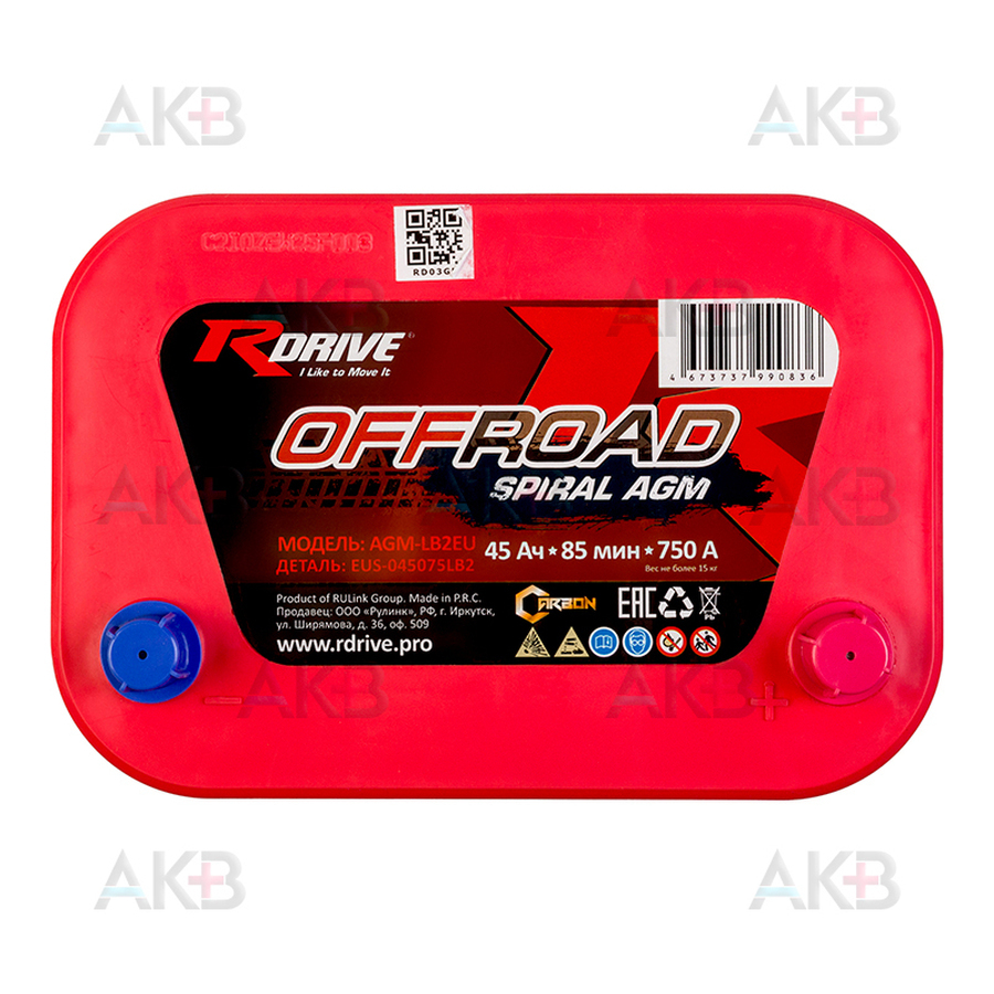 Автомобильный аккумулятор RDrive SPIRAL OFFROAD AGM LB2EU 45Ah 750A (239х174х158) EUS-045075LB2