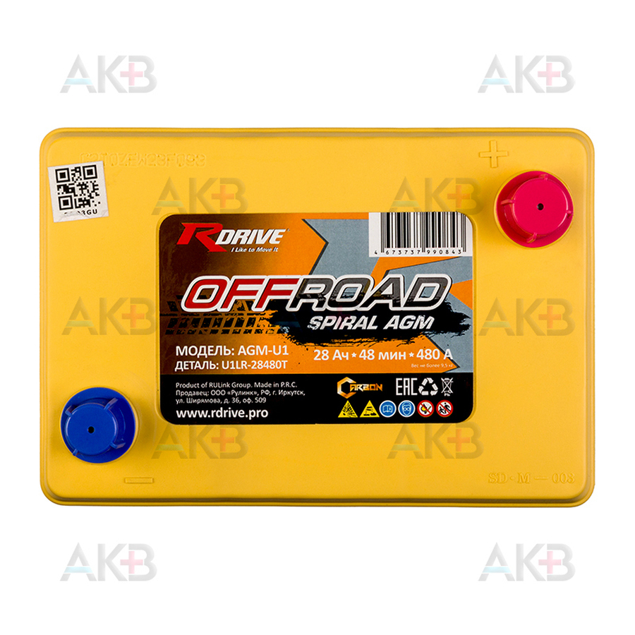 Автомобильный аккумулятор RDrive SPIRAL OFFROAD AGM-U1 12V 28Ah 480A (203х139х179) U1LR-28480T