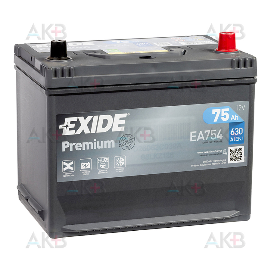 Автомобильный аккумулятор Exide Premium 75R (630А 261x173x225) EA754