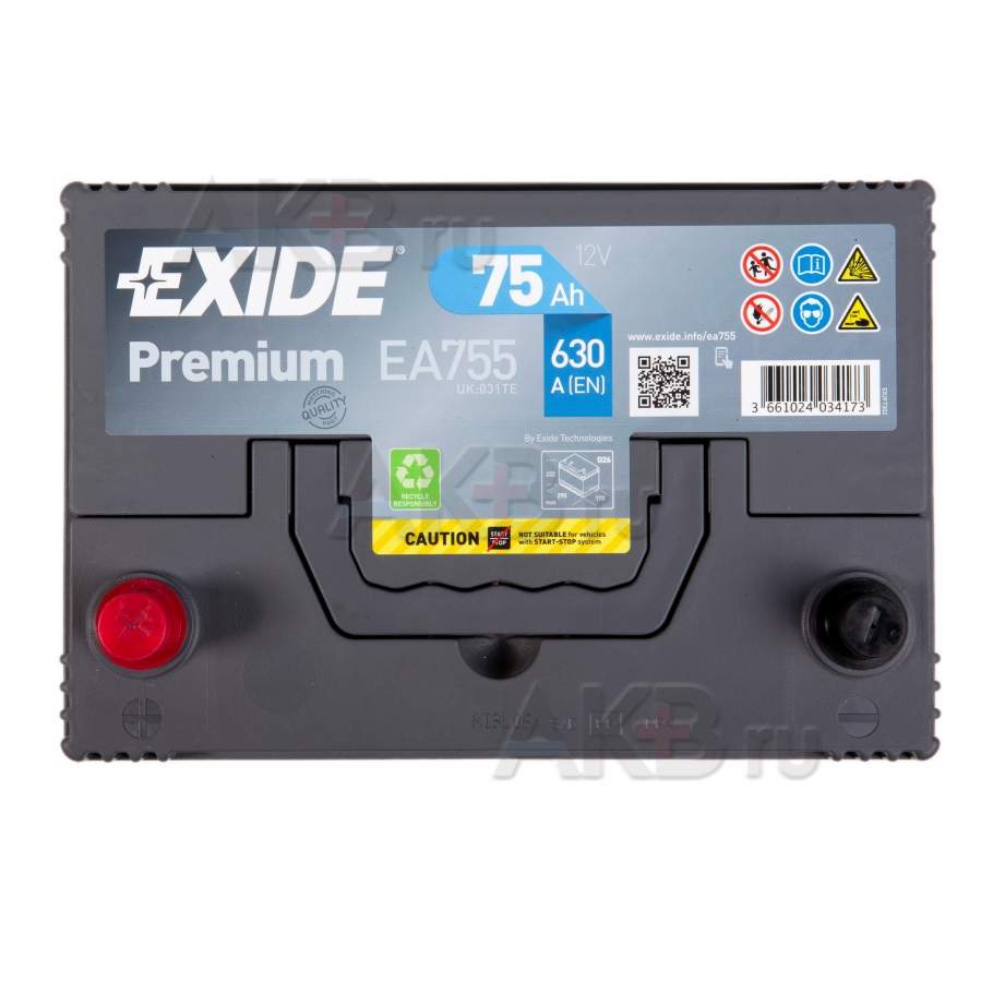 Автомобильный аккумулятор Exide Premium 75L (630А 261x173x225) EA755