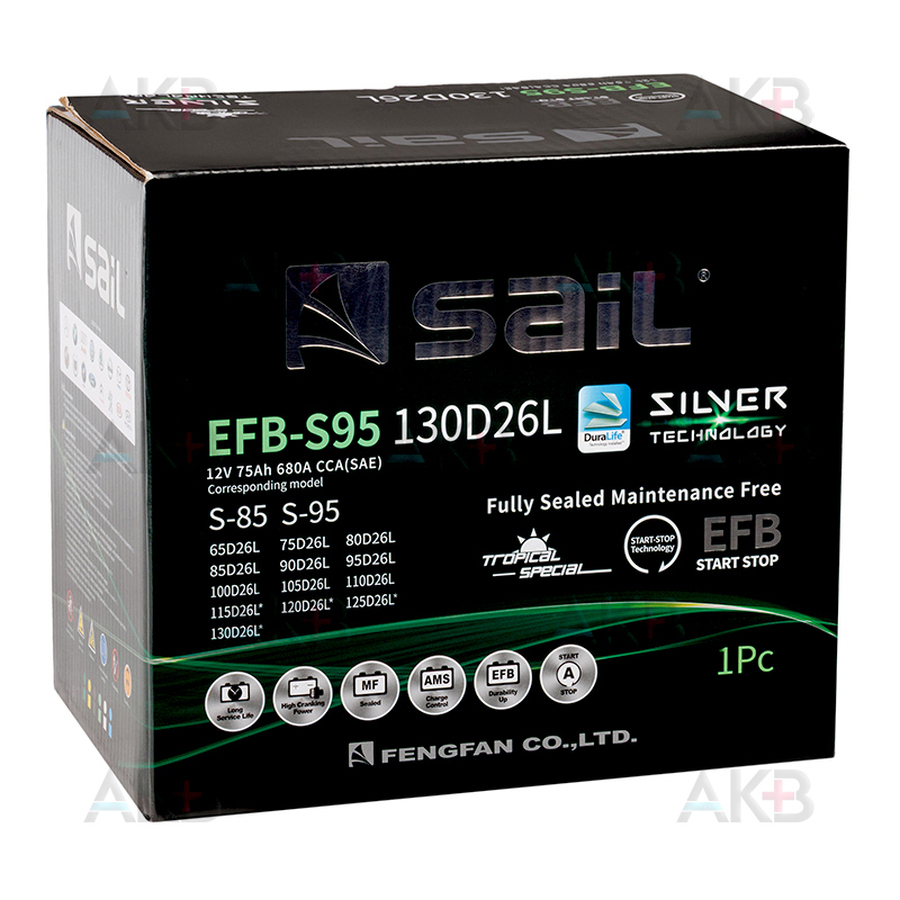 Автомобильный аккумулятор SAIL EFB S95 75 Ач обр. пол. 680А (260x170x225) Start Stop