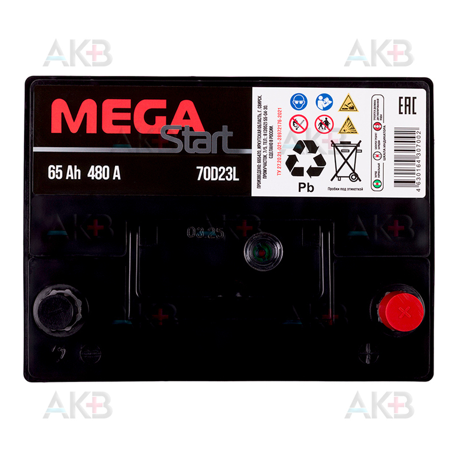 Автомобильный аккумулятор Аккумулятор MEGA START 70D23L 65Ah 480A обр. пол. (232x173x225)