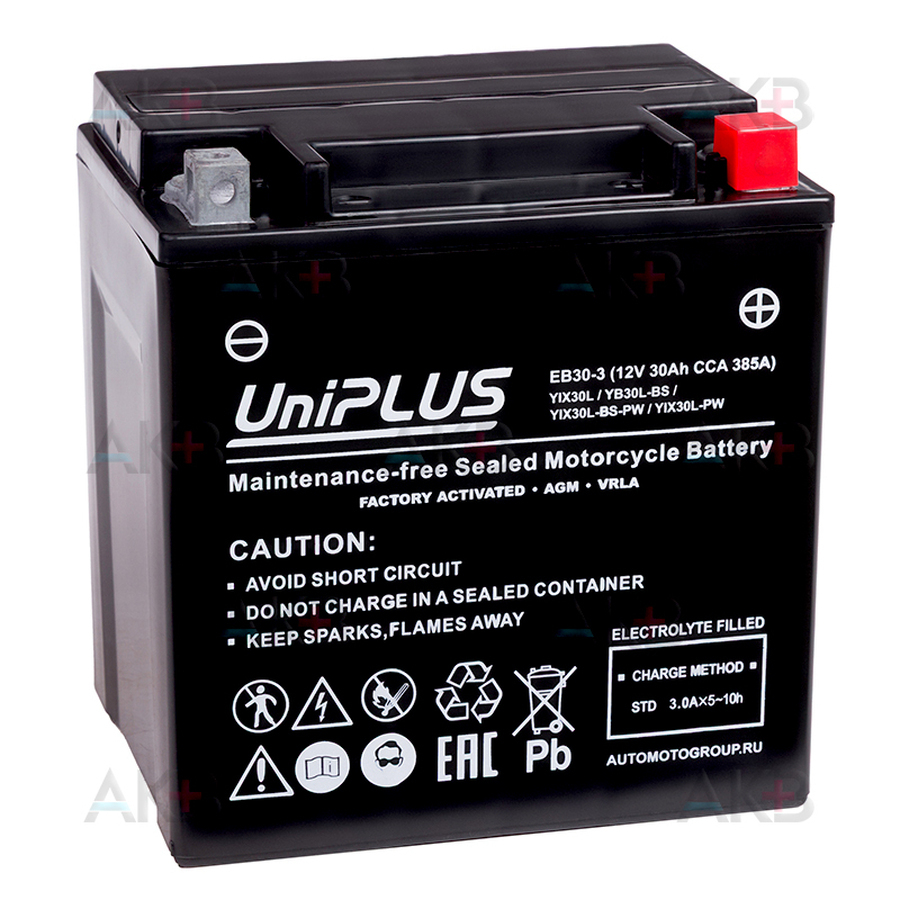 Мото аккумулятор UniPLUS EB30-3 | 30Ah 385А обр.пол. (166x126x173) High performance