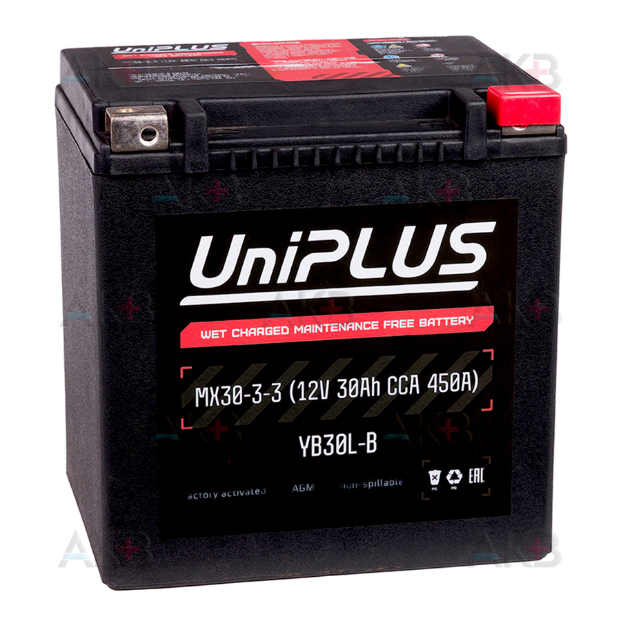Мото аккумулятор UniPLUS AGM MX30-3-3 | 30Ah 450А обр. пол. (166x131x175) Power Sport