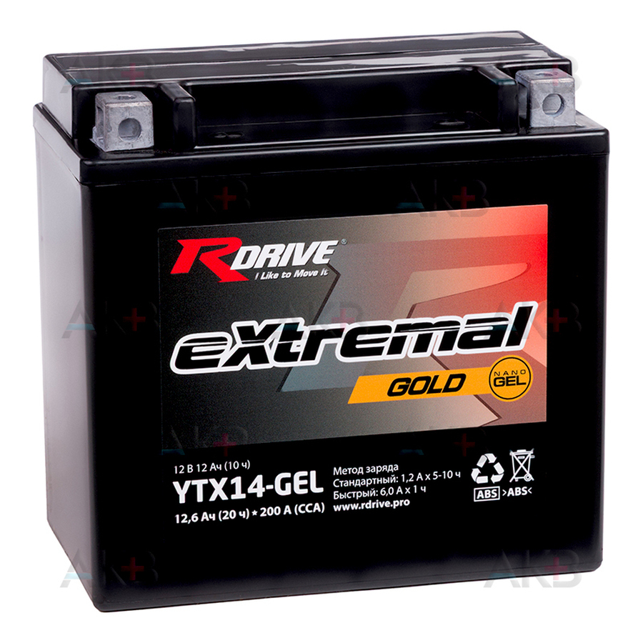 Мото аккумулятор RDrive YTX14-GEL 12V 12.6Ah 200А прям. пол. AGM (150x87x145) eXtremal GOLD