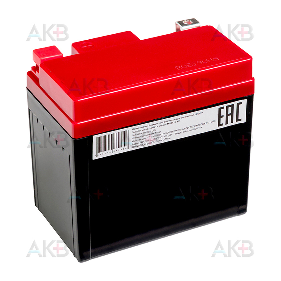 Мото аккумулятор WBR MTG 12-6 MF GEL 6 Ач 90А обратная пол.(113x70x105) YTX5L-BS