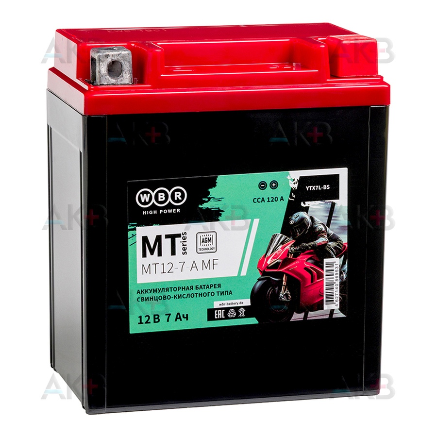 Мото аккумулятор WBR MT12-7-A MF AGM 7 Ач 120А обр. пол. (113x70x131) YTX7L-BS