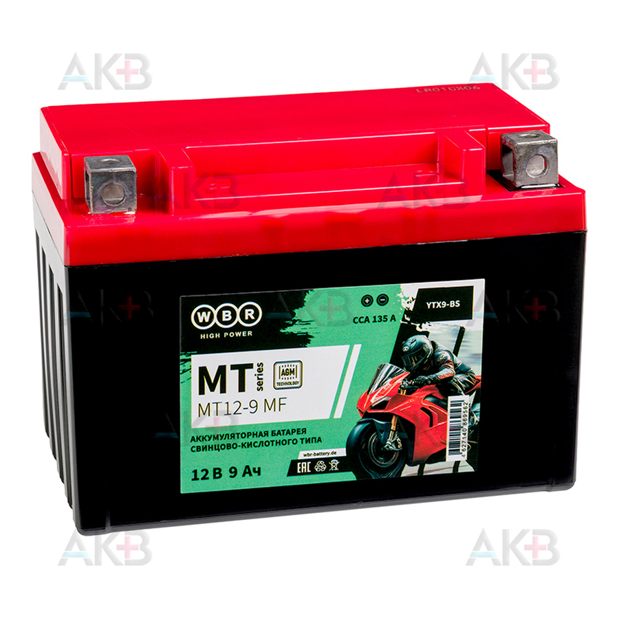 Мото аккумулятор WBR MT12-9 MF AGM 9 Ач 135А прямая пол.(150x87x105) YTX9-BS, YTX9