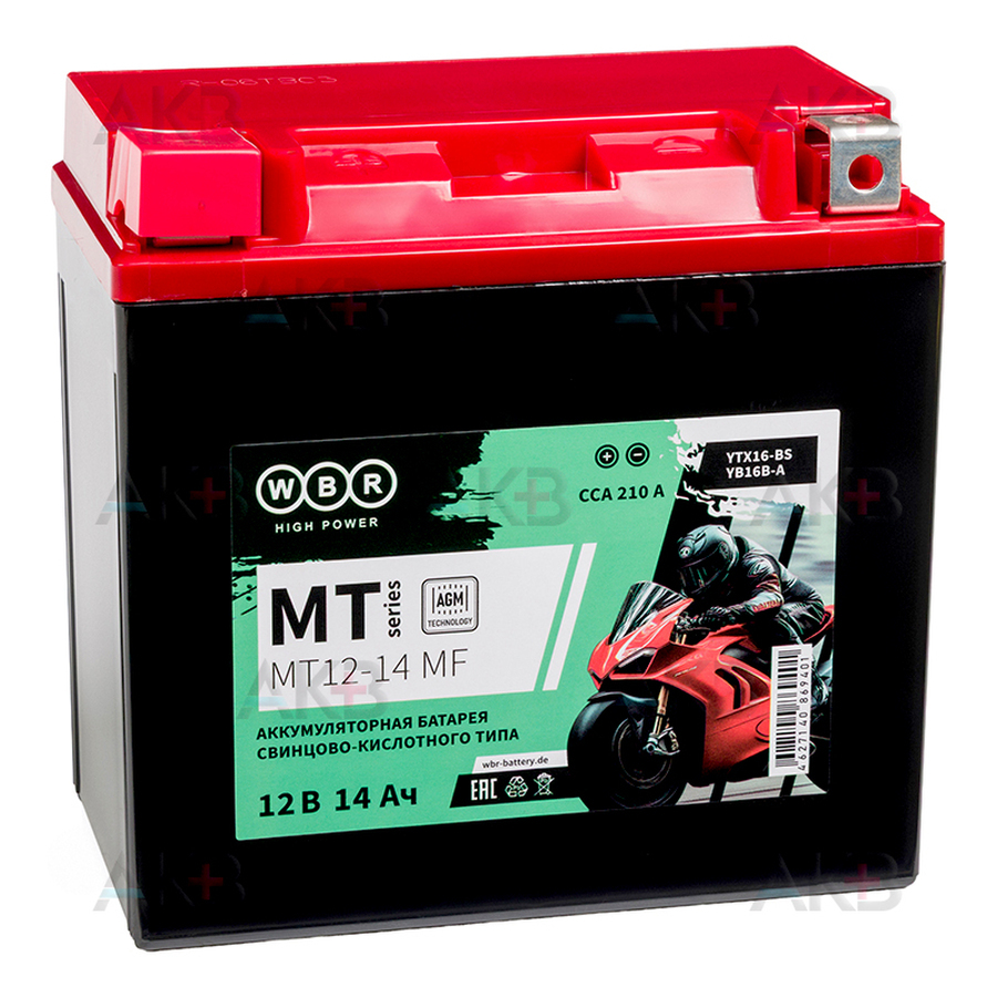 Мото аккумулятор WBR MT12-14 MF AGM 14 Ач 210А прямая пол.(150x87x145) YTX16-BS, YB16B-A