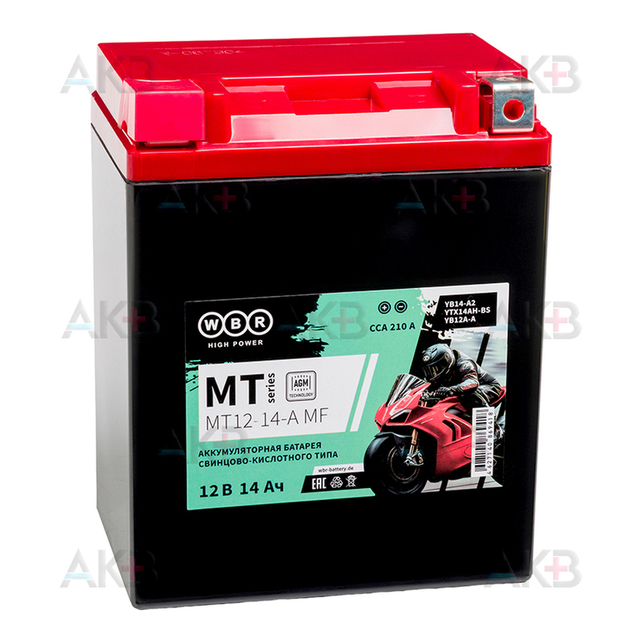 Мото аккумулятор WBR MT12-14-А MF AGM 14 Ач 210А прямая пол.(134x90x166) YB14-A2,YTX14AH-BS, YB12A-А