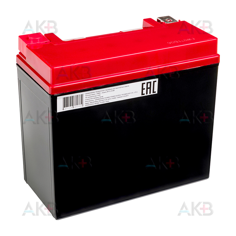Мото аккумулятор WBR MT12-18 MF AGM 18 Ач 270А обратная пол.(175x87x155) YTX20L-BS