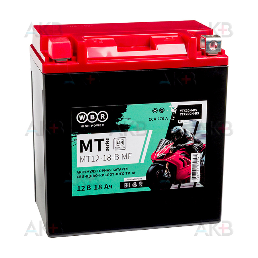 Мото аккумулятор WBR MT12-18-B MF AGM 18 Ач 270А прямая пол. (150x87x161) YTX20CH-BS