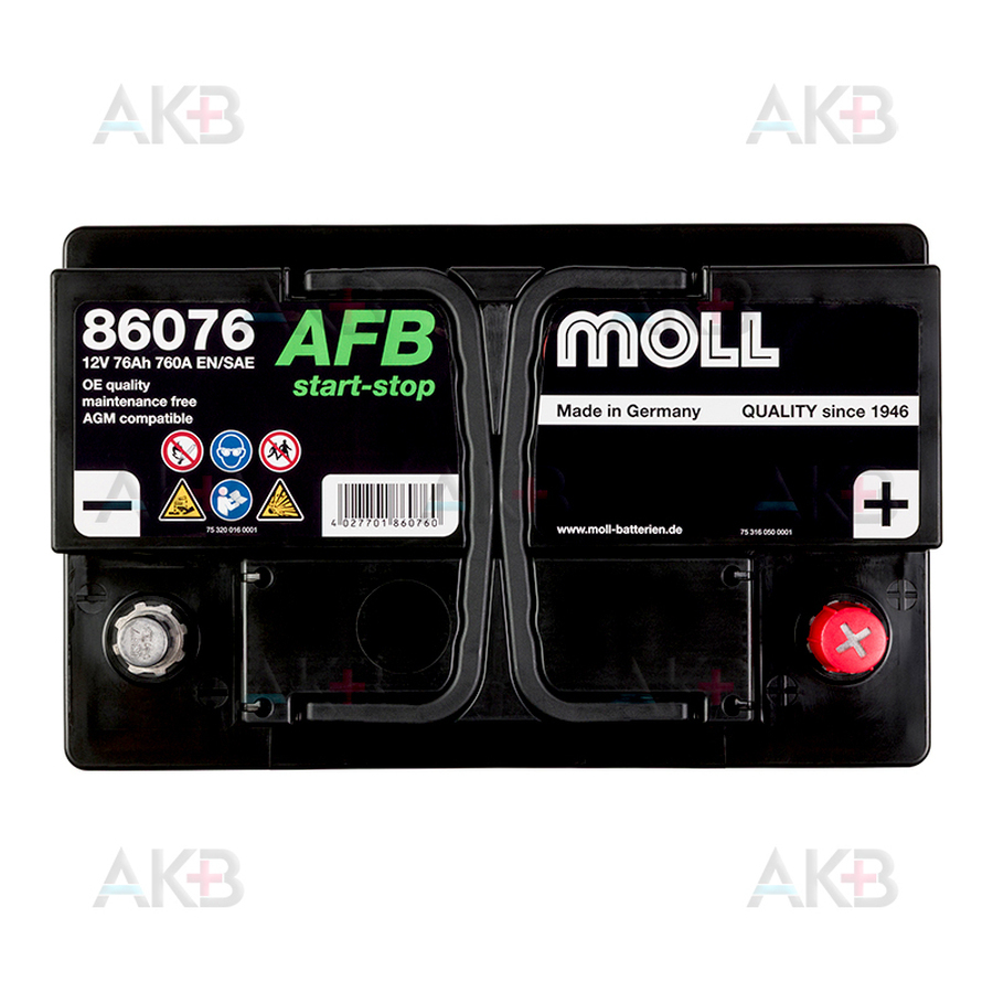 Автомобильный аккумулятор MOLL AFB Start Stop 76 Ач 760A обр. пол. (278x175x190) 86076