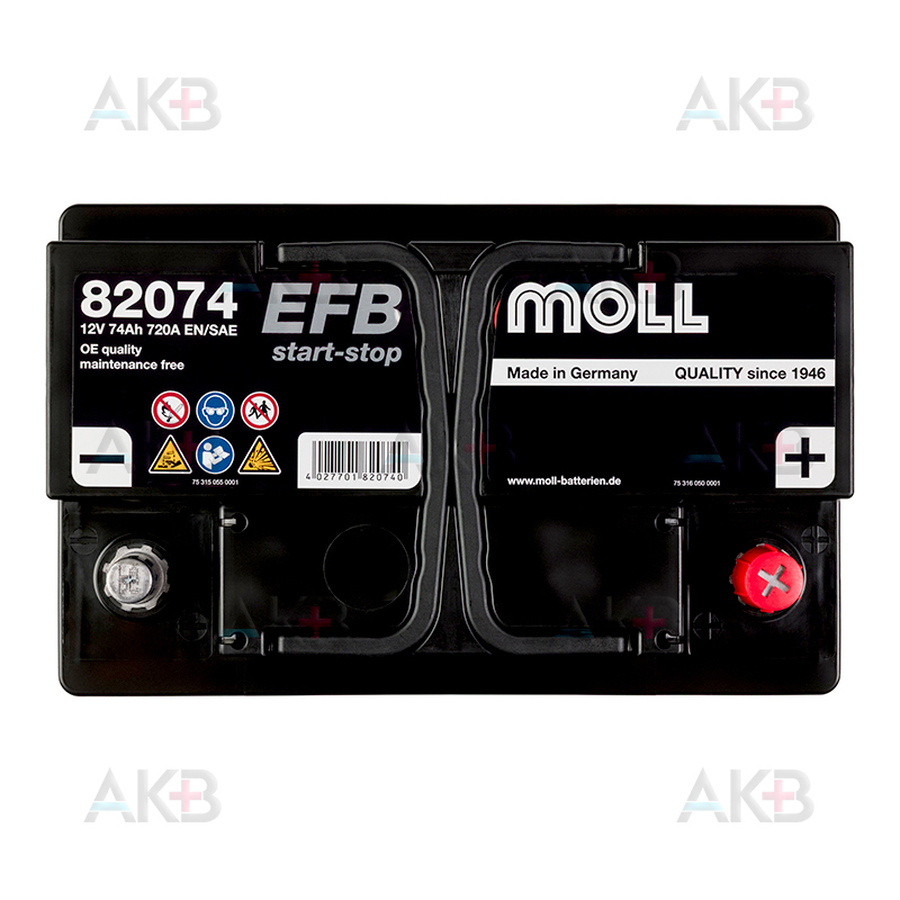 Автомобильный аккумулятор Moll EFB Start-Stop 74 Ач 720A обр. (278x175x190) 82074