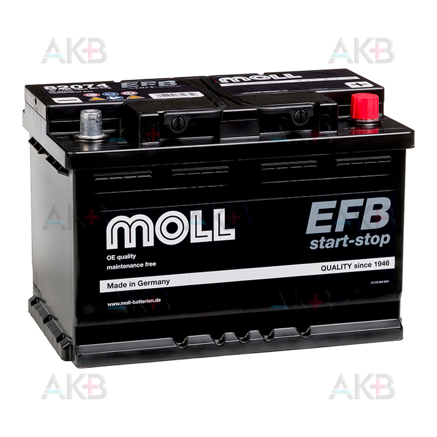 Автомобильный аккумулятор Moll EFB Start-Stop 74 Ач 720A обр. (278x175x190) 82074
