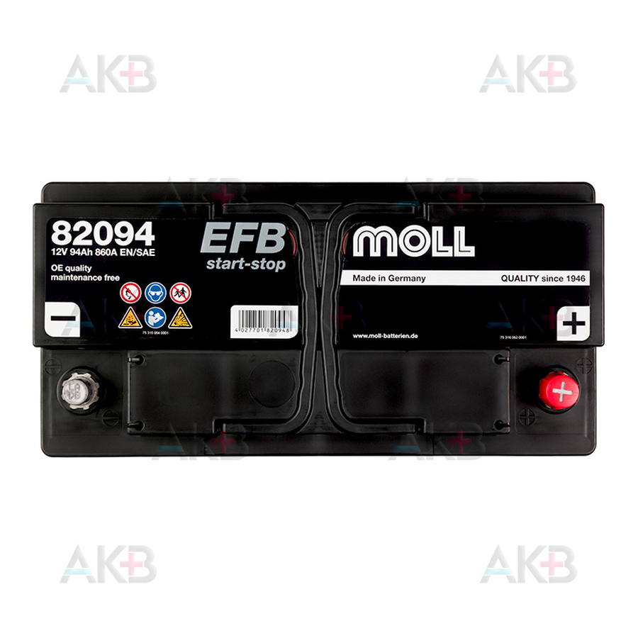 Автомобильный аккумулятор Moll EFB Start-Stop 94 Ач 860A обр. (353x175x190) 82094