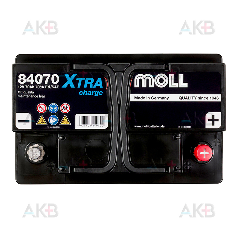 Автомобильный аккумулятор Moll X-TRA charge 70 Ач 700A обр. пол. (278x175x175) 84070