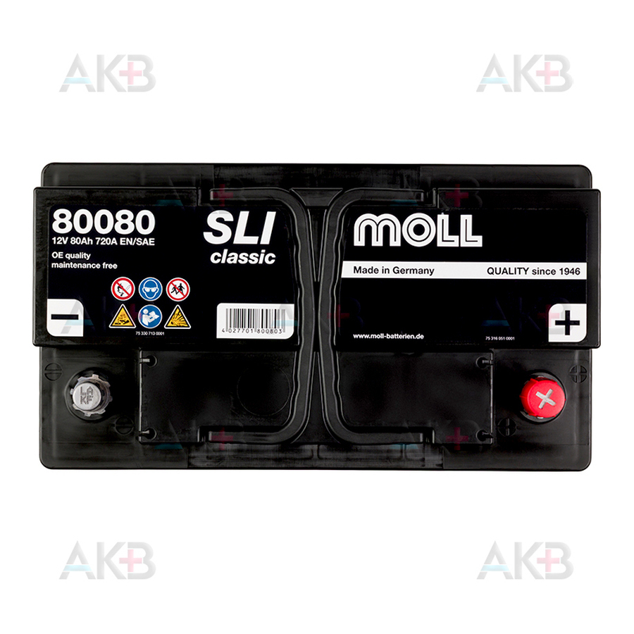 Автомобильный аккумулятор Moll SLI classic 80 Ач 720А обр. пол. (315х175х190) 80080