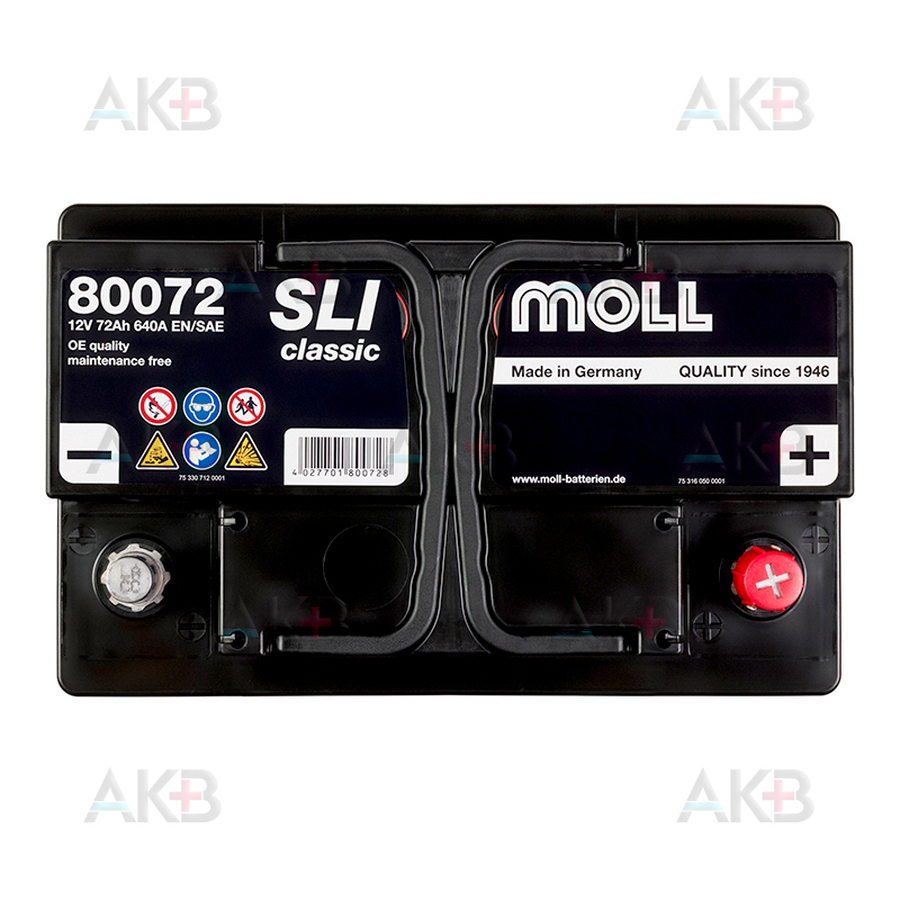 Автомобильный аккумулятор Moll SLI classic 72 Ач 640А обр. пол. (278х175х190) 80072