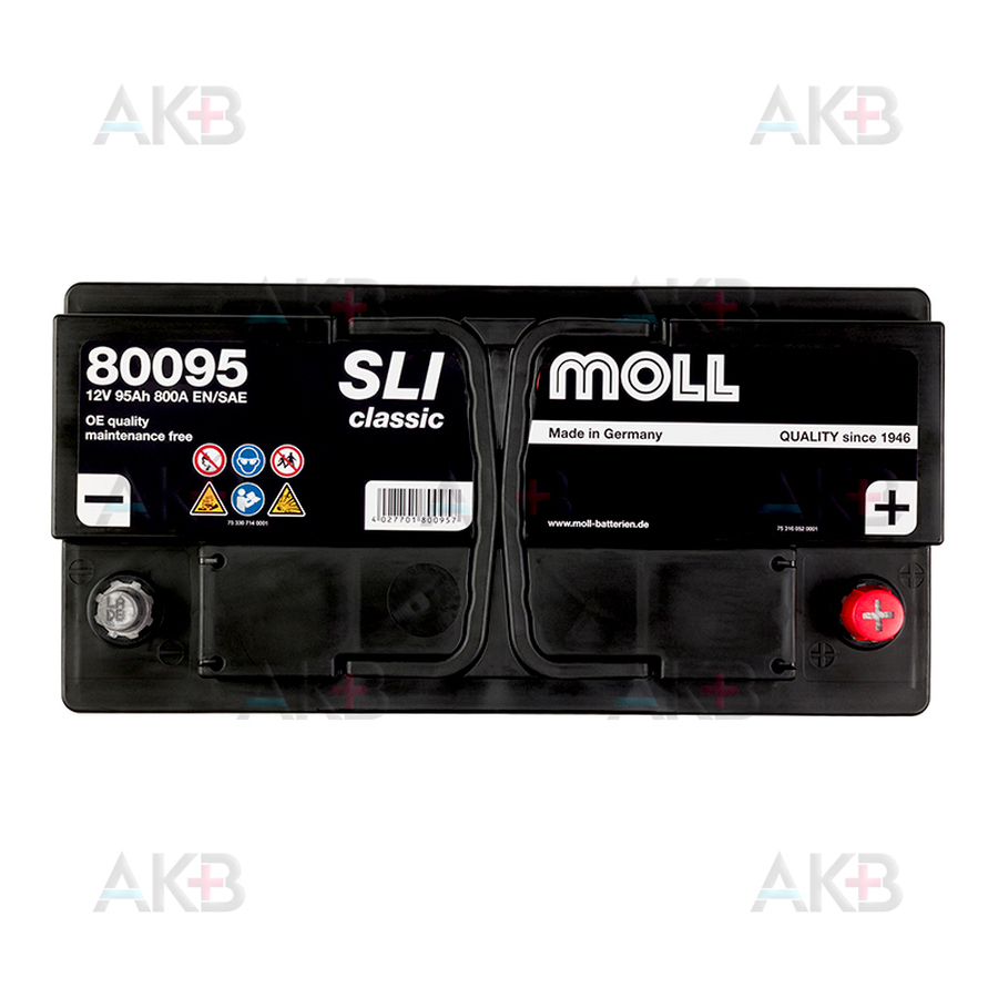 Автомобильный аккумулятор Moll SLI classic 95 Ач 800А обр. пол. (353х175х190) 80095