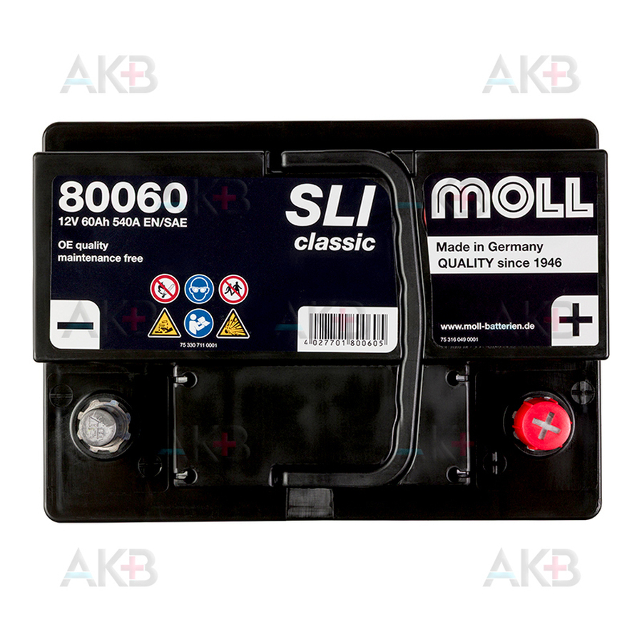 Автомобильный аккумулятор Moll SLI classic 60 Ач 540А обр. пол. (242х175х190) 80060