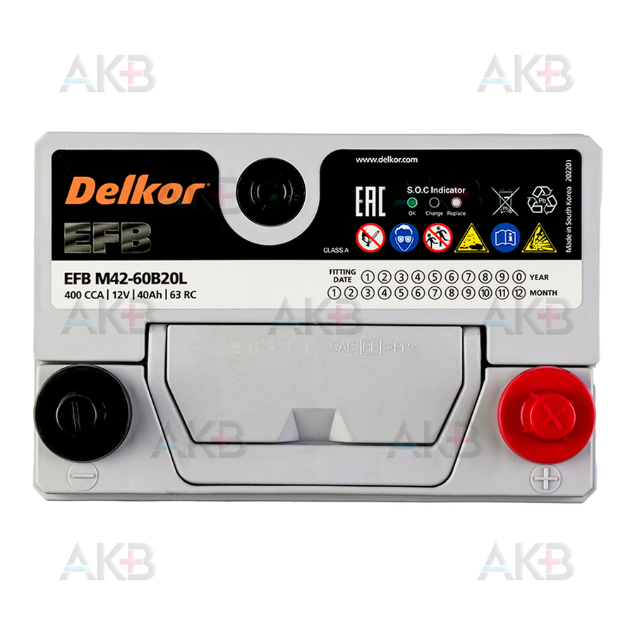 Автомобильный аккумулятор Delkor EFB 60B20L 40 Ач 400A обр. пол. (196x128x227) M42