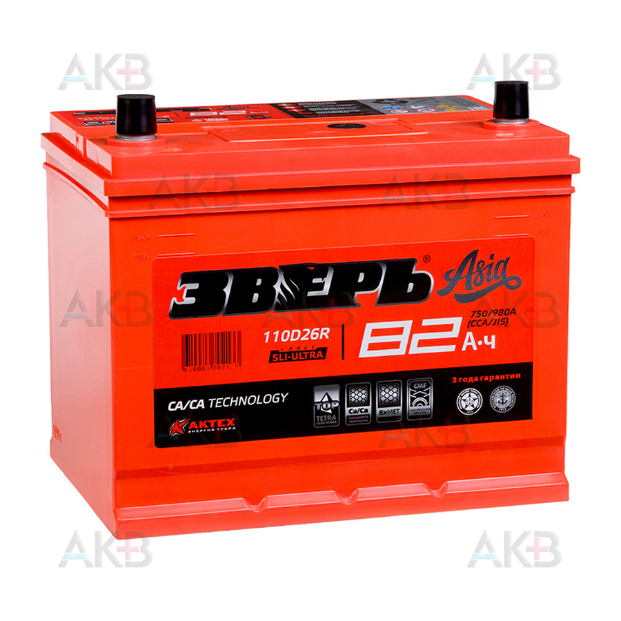 Автомобильный аккумулятор Зверь Asia 110D26R 82Ач 750A прям. (260х175х225) ЗВА 82-З-L