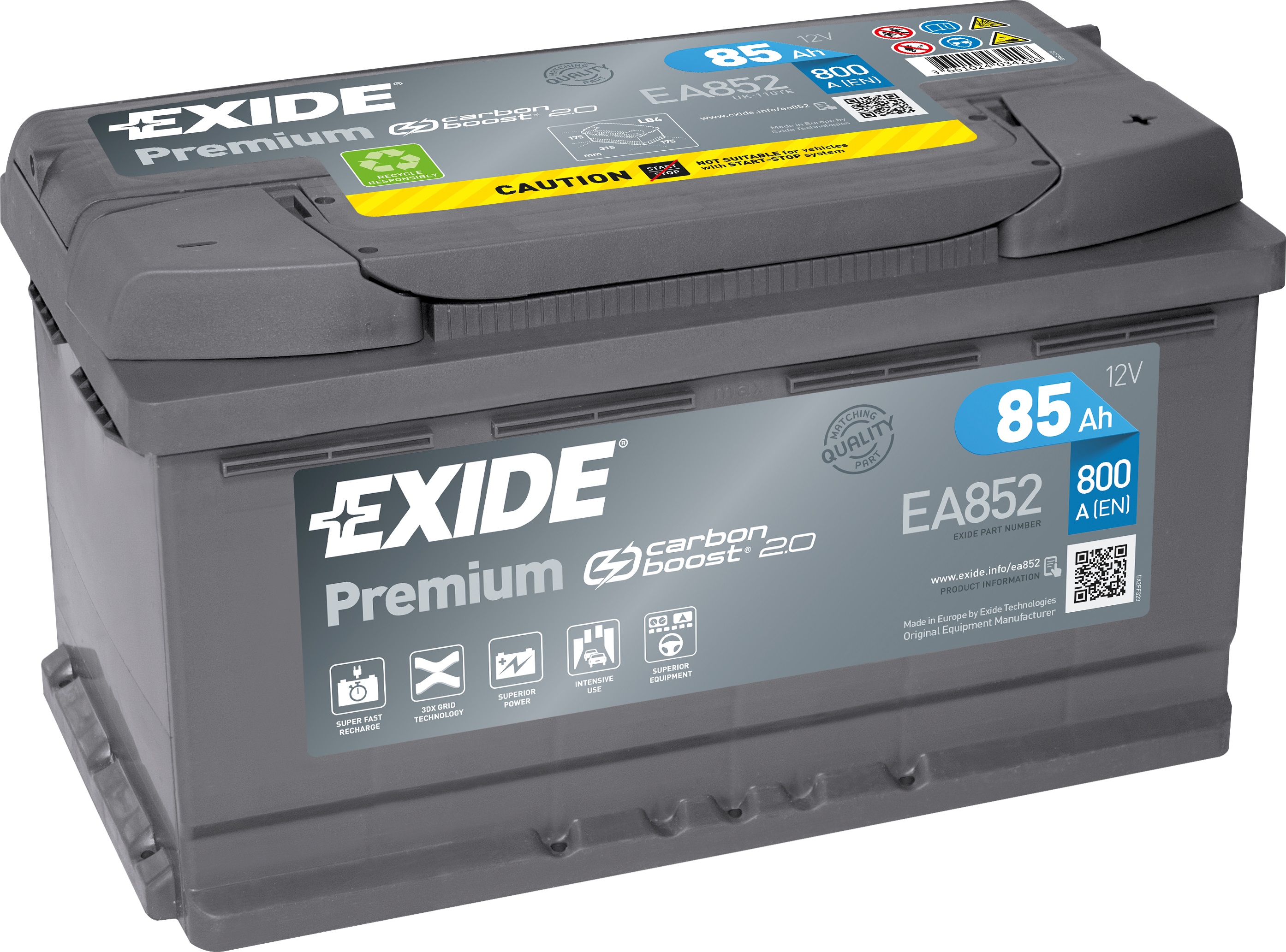 Автомобильный аккумулятор Exide Premium 85R (800А 315х175х175) EA852