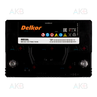 Автомобильный аккумулятор Delkor 80D26L (75R 600A 260x173x225). Фото 1