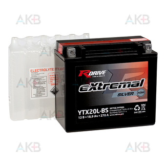 Мото аккумулятор RDrive YTX20L-BS 12V 18,9Ah 270А обр. пол. AGM сухозаряж. (176x87x154) eXtremal SILVER