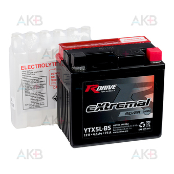 RDrive YTX5L-BS 12V 4,6Ah 75А обр. пол. AGM сухозаряж. (113x70x105) eXtremal SILVER