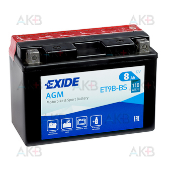 Exide AGM сухозаряж. ET9B-BS 12V 8Ah 110A (150x70x105) прям. пол.