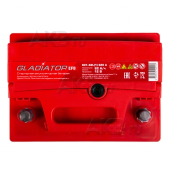 Автомобильный аккумулятор GLADIATOR EFB 62L 620A 242x175x190. Фото 1