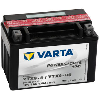 VARTA Powersports AGM YTX9-4/YTX9-BS 12V 8Ah 135А (152x88x106) прямая пол. 508 012 008, сухозар.