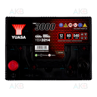 Автомобильный аккумулятор YUASA YBX3214 60 Ач 540А прям. пол. (230x174x205) D23RS. Фото 1